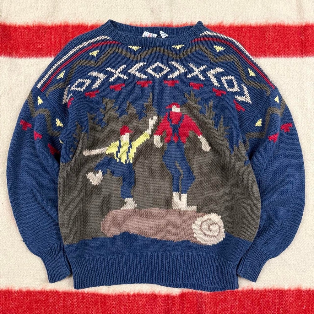 Vintage 90s Knit Cotton Logger Graphic Nature Crewneck Sweater Mens Large Blue